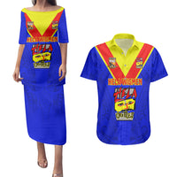 Papua New Guinea Rugby Couples Matching Puletasi Dress and Hawaiian Shirt Hela Wigmen PNG Polynesian Pattern LT14 Blue - Polynesian Pride