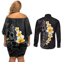 Black Tropical Plumeria With Galaxy Polynesian Art Couples Matching Off Shoulder Short Dress and Long Sleeve Button Shirt
