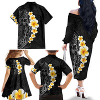 Black Tropical Plumeria With Galaxy Polynesian Art Family Matching Off The Shoulder Long Sleeve Dress and Hawaiian Shirt LT14 - Polynesian Pride