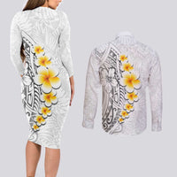 White Tropical Plumeria With Galaxy Polynesian Art Couples Matching Long Sleeve Bodycon Dress and Long Sleeve Button Shirt