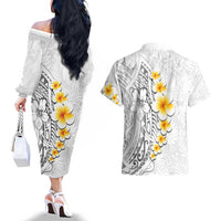 White Tropical Plumeria With Galaxy Polynesian Art Couples Matching Off The Shoulder Long Sleeve Dress and Hawaiian Shirt