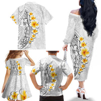 White Tropical Plumeria With Galaxy Polynesian Art Family Matching Off The Shoulder Long Sleeve Dress and Hawaiian Shirt LT14 - Polynesian Pride