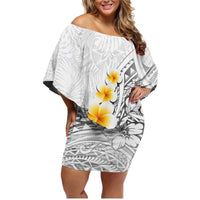 White Tropical Plumeria With Galaxy Polynesian Art Family Matching Off Shoulder Short Dress and Hawaiian Shirt LT14 Mom's Dress White - Polynesian Pride