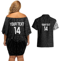 New Zealand Silver Fern Rugby Custom Couples Matching Off Shoulder Short Dress and Hawaiian Shirt Maori Koru Go Black Fern LT14 - Polynesian Pride