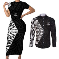 New Zealand Silver Fern Rugby Custom Couples Matching Short Sleeve Bodycon Dress and Long Sleeve Button Shirt Maori Koru Go Black Fern - Polynesian Pride