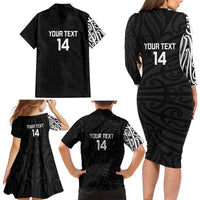 New Zealand Silver Fern Rugby Custom Family Matching Long Sleeve Bodycon Dress and Hawaiian Shirt Maori Koru Go Black Fern LT14 - Polynesian Pride