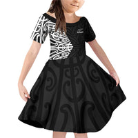 New Zealand Silver Fern Rugby Custom Family Matching Off Shoulder Short Dress and Hawaiian Shirt Maori Koru Go Black Fern LT14 Daughter's Dress Black - Polynesian Pride