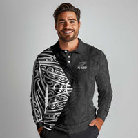 New Zealand Silver Fern Rugby Custom Long Sleeve Polo Shirt Maori Koru Go Black Fern LT14 - Polynesian Pride