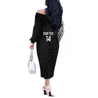 New Zealand Silver Fern Rugby Custom Off The Shoulder Long Sleeve Dress Maori Koru Go Black Fern LT14 - Polynesian Pride