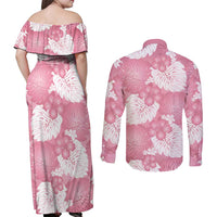 Pink Aloha Hawaii Couples Matching Off Shoulder Maxi Dress and Long Sleeve Button Shirt Monstera Hibiscus Plumeria Seamless Vibes - Polynesian Pride