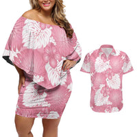 Pink Aloha Hawaii Couples Matching Off Shoulder Short Dress and Hawaiian Shirt Monstera Hibiscus Plumeria Seamless Vibes - Polynesian Pride