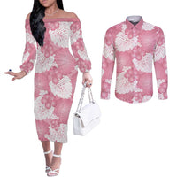 Pink Aloha Hawaii Couples Matching Off The Shoulder Long Sleeve Dress and Long Sleeve Button Shirt Monstera Hibiscus Plumeria Seamless Vibes - Polynesian Pride