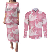 Pink Aloha Hawaii Couples Matching Puletasi and Long Sleeve Button Shirt Monstera Hibiscus Plumeria Seamless Vibes - Polynesian Pride
