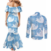 Blue Aloha Hawaii Couples Matching Mermaid Dress and Long Sleeve Button Shirt Monstera Hibiscus Plumeria Seamless Vibes - Polynesian Pride