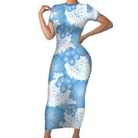 Blue Aloha Hawaii Family Matching Short Sleeve Bodycon Dress and Hawaiian Shirt Monstera Hibiscus Plumeria Seamless Vibes LT14 Mom's Dress Blue - Polynesian Pride