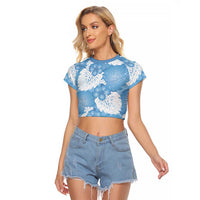 Blue Aloha Hawaii Raglan Cropped T Shirt Monstera Hibiscus Plumeria Seamless Vibes - Polynesian Pride