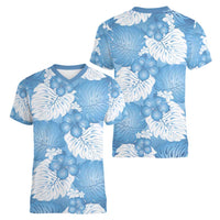 Blue Aloha Hawaii Women V-Neck T-Shirt Monstera Hibiscus Plumeria Seamless Vibes - Polynesian Pride