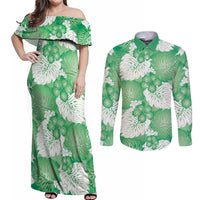 Green Aloha Hawaii Couples Matching Off Shoulder Maxi Dress and Long Sleeve Button Shirt Monstera Hibiscus Plumeria Seamless Vibes - Polynesian Pride