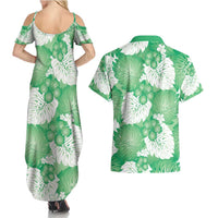 Green Aloha Hawaii Couples Matching Summer Maxi Dress and Hawaiian Shirt Monstera Hibiscus Plumeria Seamless Vibes - Polynesian Pride