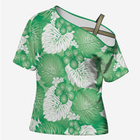 Green Aloha Hawaii Cross Shoulder Shirt Monstera Hibiscus Plumeria Seamless Vibes - Polynesian Pride