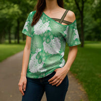 Green Aloha Hawaii Cross Shoulder Shirt Monstera Hibiscus Plumeria Seamless Vibes - Polynesian Pride