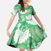 Green Aloha Hawaii Family Matching Off Shoulder Maxi Dress and Hawaiian Shirt Monstera Hibiscus Plumeria Seamless Vibes LT14 Daughter's Dress Green - Polynesian Pride