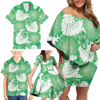 Green Aloha Hawaii Family Matching Off Shoulder Short Dress and Hawaiian Shirt Monstera Hibiscus Plumeria Seamless Vibes LT14 - Polynesian Pride
