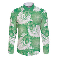 Green Aloha Hawaii Family Matching Off Shoulder Short Dress and Hawaiian Shirt Monstera Hibiscus Plumeria Seamless Vibes LT14 Dad's Shirt - Long Sleeve Green - Polynesian Pride