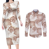 Mocha Mousse Aloha Hawaii Couples Matching Long Sleeve Bodycon Dress and Long Sleeve Button Shirt Monstera Hibiscus Plumeria Seamless Vibes - Polynesian Pride