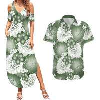 Sage Green Aloha Hawaii Couples Matching Summer Maxi Dress and Hawaiian Shirt Monstera Hibiscus Plumeria Seamless Vibes - Polynesian Pride
