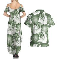 Sage Green Aloha Hawaii Couples Matching Summer Maxi Dress and Hawaiian Shirt Monstera Hibiscus Plumeria Seamless Vibes - Polynesian Pride