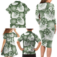 Sage Green Aloha Hawaii Family Matching Long Sleeve Bodycon Dress and Hawaiian Shirt Monstera Hibiscus Plumeria Seamless Vibes LT14 - Polynesian Pride