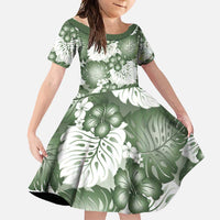 Sage Green Aloha Hawaii Family Matching Short Sleeve Bodycon Dress and Hawaiian Shirt Monstera Hibiscus Plumeria Seamless Vibes LT14 Daughter's Dress Sage Green - Polynesian Pride