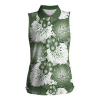 Sage Green Aloha Hawaii Women Sleeveless Polo Shirt Monstera Hibiscus Plumeria Seamless Vibes LT14 Female Sage Green - Polynesian Pride