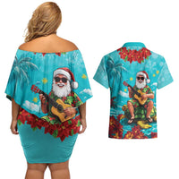 Hawaii Christmas Couples Matching Off Shoulder Short Dress and Hawaiian Shirt Mele Kalikimaka Poinsettia Lei - Cyan