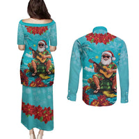 Hawaii Christmas Couples Matching Puletasi and Long Sleeve Button Shirt Mele Kalikimaka Poinsettia Lei - Cyan