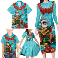 Hawaii Christmas Family Matching Long Sleeve Bodycon Dress and Hawaiian Shirt Mele Kalikimaka Poinsettia Lei - Cyan LT14 - Polynesian Pride