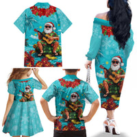 Hawaii Christmas Family Matching Off The Shoulder Long Sleeve Dress and Hawaiian Shirt Mele Kalikimaka Poinsettia Lei - Cyan LT14 - Polynesian Pride