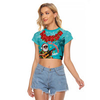 Hawaii Christmas Raglan Cropped T Shirt Mele Kalikimaka Poinsettia Lei - Cyan