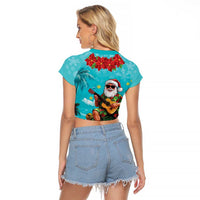 Hawaii Christmas Raglan Cropped T Shirt Mele Kalikimaka Poinsettia Lei - Cyan