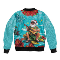 Hawaii Christmas Sleeve Zip Bomber Jacket Mele Kalikimaka Poinsettia Lei - Cyan
