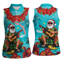 Hawaii Christmas Women Sleeveless Polo Shirt Mele Kalikimaka Poinsettia Lei - Cyan LT14 - Polynesian Pride