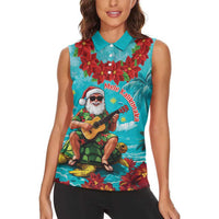 Hawaii Christmas Women Sleeveless Polo Shirt Mele Kalikimaka Poinsettia Lei - Cyan LT14 - Polynesian Pride