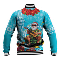 Hawaii Christmas Baseball Jacket Mele Kalikimaka Poinsettia Lei Polynesian - Blue