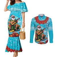 Hawaii Christmas Couples Matching Mermaid Dress and Long Sleeve Button Shirt Mele Kalikimaka Poinsettia Lei Polynesian - Blue LT14 Blue - Polynesian Pride