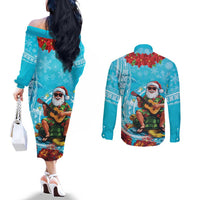 Hawaii Christmas Couples Matching Off The Shoulder Long Sleeve Dress and Long Sleeve Button Shirt Mele Kalikimaka Poinsettia Lei Polynesian - Blue LT14 - Polynesian Pride