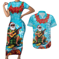 Hawaii Christmas Couples Matching Short Sleeve Bodycon Dress and Hawaiian Shirt Mele Kalikimaka Poinsettia Lei Polynesian - Blue LT14 Blue - Polynesian Pride