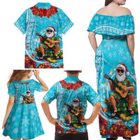 Hawaii Christmas Family Matching Off Shoulder Maxi Dress and Hawaiian Shirt Mele Kalikimaka Poinsettia Lei Polynesian - Blue LT14 - Polynesian Pride