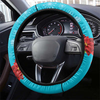 Hawaii Christmas Steering Wheel Cover Mele Kalikimaka Poinsettia Lei Polynesian - Blue