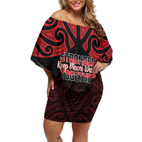 Personalised Keep Maori Wards New Zealand Family Matching Off Shoulder Short Dress and Hawaiian Shirt Stronger Together Aotearoa Taniko LT14 Mom's Dress Black - Polynesian Pride